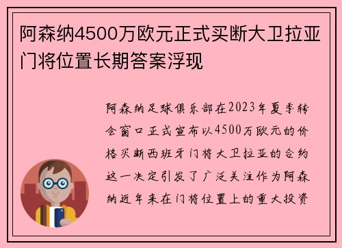 阿森纳4500万欧元正式买断大卫拉亚门将位置长期答案浮现