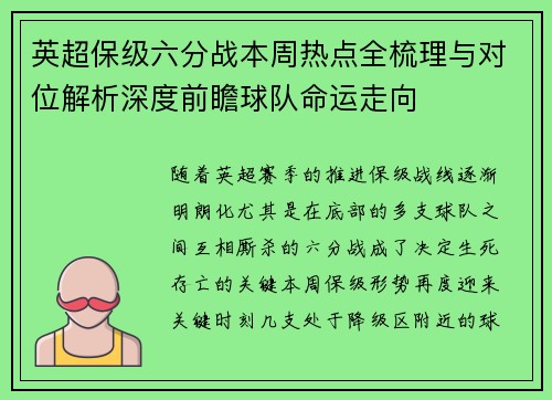 英超保级六分战本周热点全梳理与对位解析深度前瞻球队命运走向